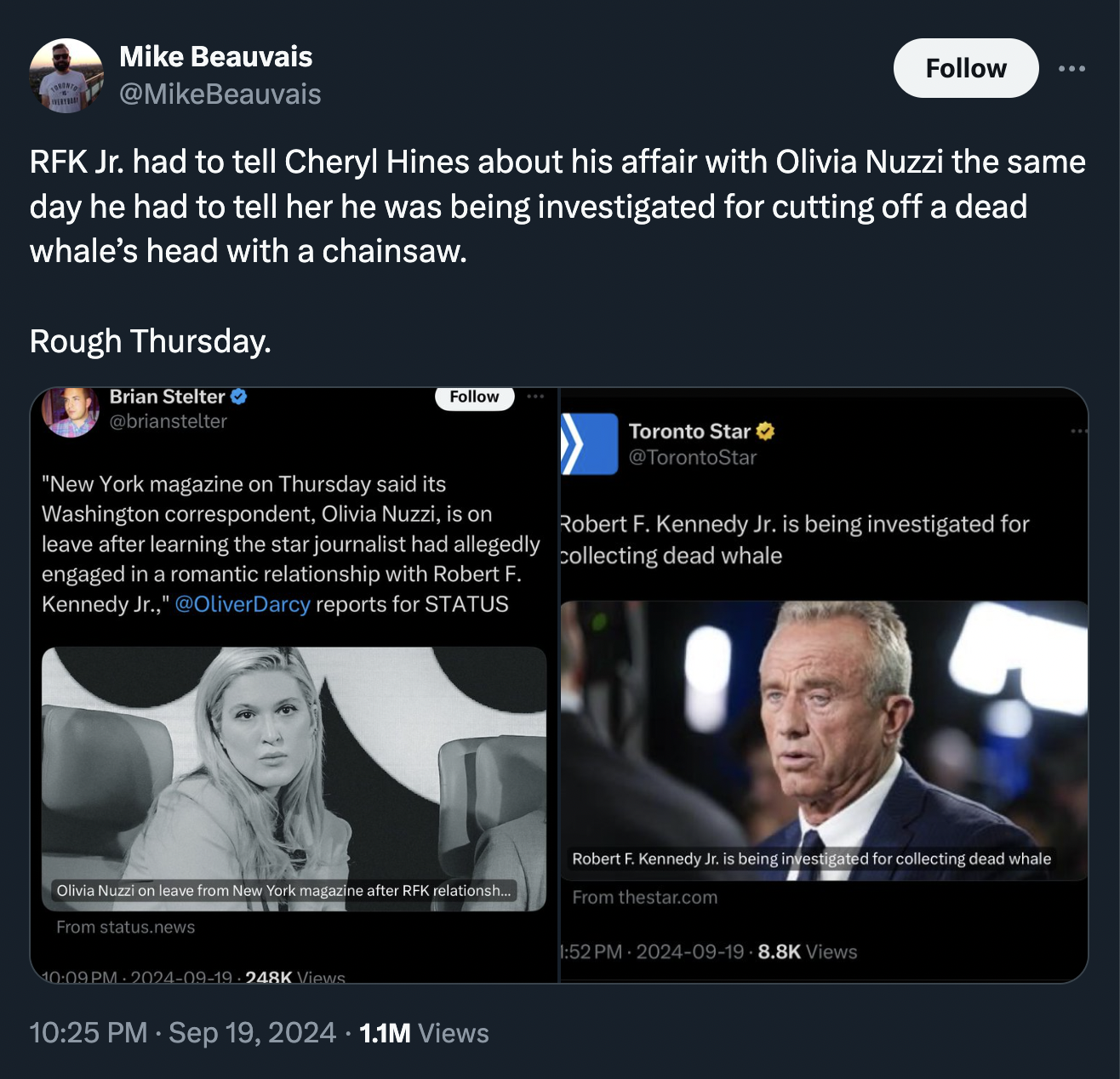 screenshot - Mike Beauvais Rfk Jr. had to tell Cheryl Hines about his affair with Olivia Nuzzi the same day he had to tell her he was being investigated for cutting off a dead whale's head with a chainsaw. Rough Thursday. Brian Stelter "New York magazine 